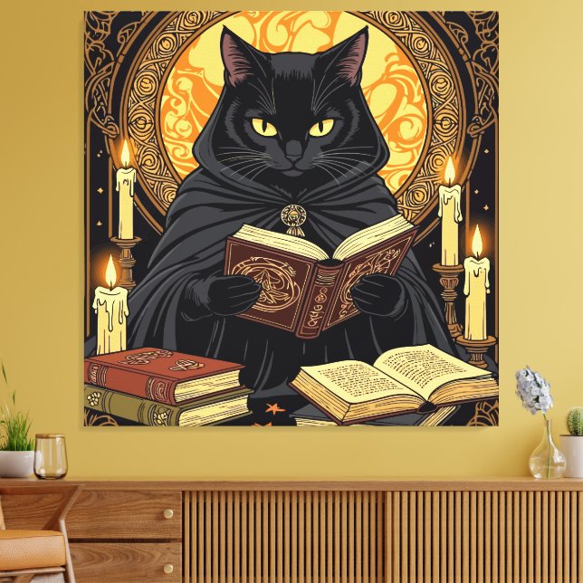 Halloween i hårt band En katt som läser böcker Canvastryck (Insitu (Vardagsrum))