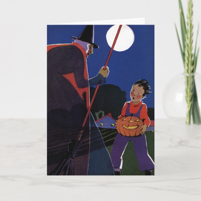 Halloween i vintage-stil, kuslig häxa med pojke kort (Framsida)