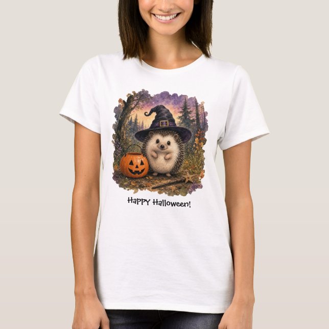 Halloween Igelkott Häxa T Shirt (Framsida)