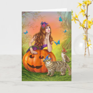 Halloween illustration En vacker häxa med katter Kort