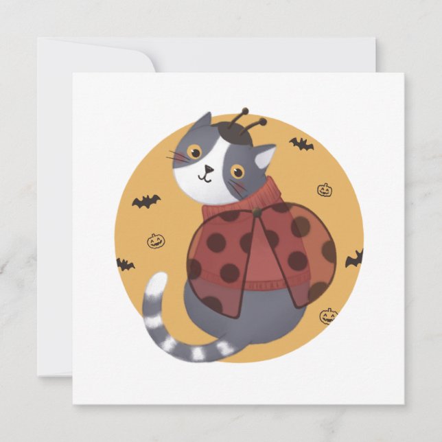 Halloween Illustration: Ladybug Cat Inbjudningar (Framsida)
