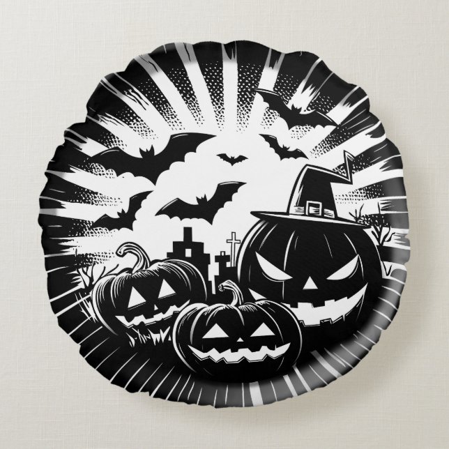 Halloween in black and white rund kudde (Framsidan)
