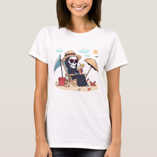 Halloween in Summer – Grim Reaper on the Beach T Shirt (Framsida)
