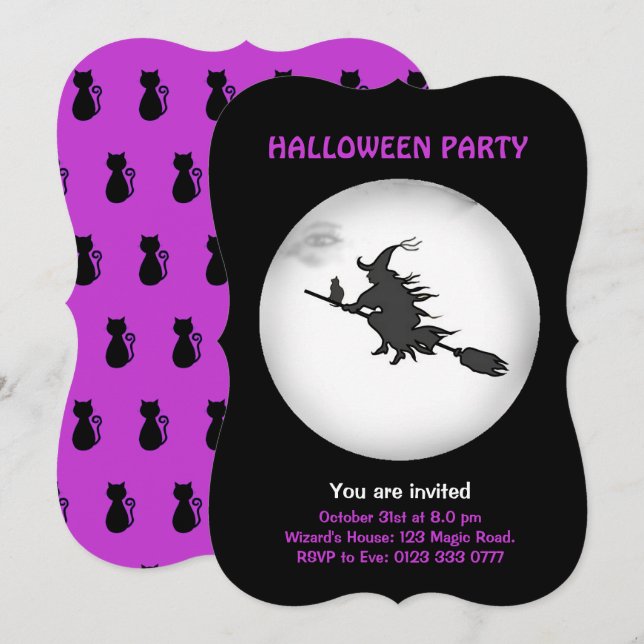Halloween-inbjudan för flygande beck och svart kat inbjudningar (Fram/baksida)