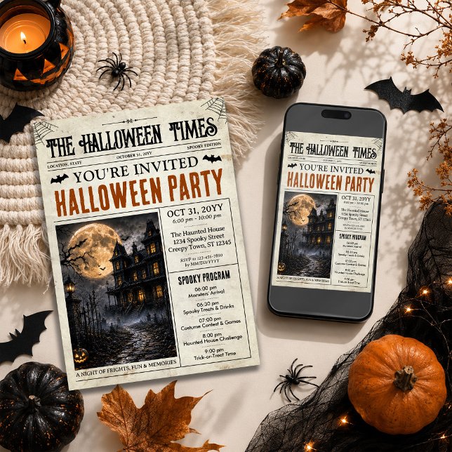 Halloween-inbjudan i tidningsformat med program (Halloween Newspaper Invitation with Program | Personalized Spooky Party Invite)