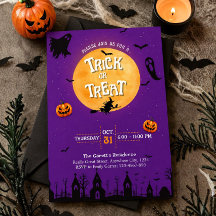 Halloween-inbjudan lila trick or treat-fest