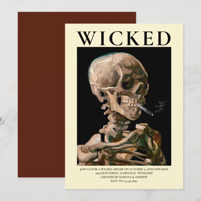 Halloween-inbjudan med skelett-huvud i finkonst inbjudningar (Fram/baksida)