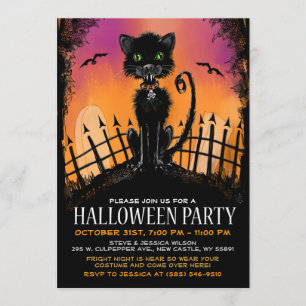 Halloween Inbjudan - Scary Cat in Graveyard