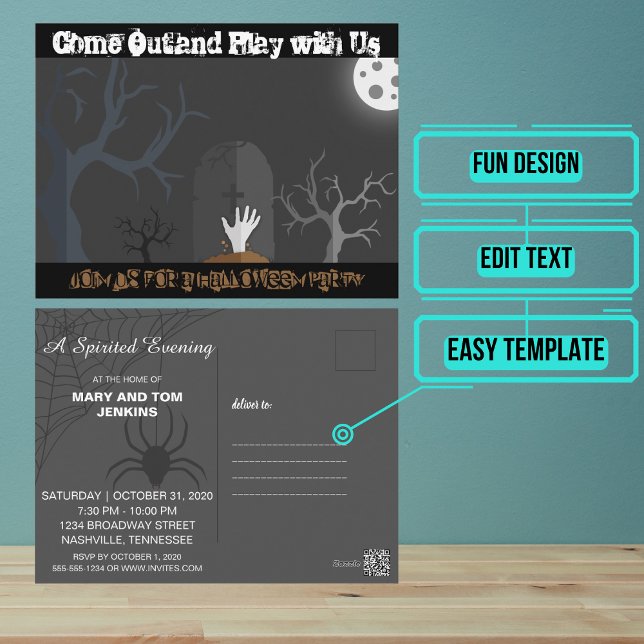 Halloween-inbjudan till Kom Ut och spela upp gotik Vykort (Send out this stylish but fun Halloween party invitation for your next scary get together.)