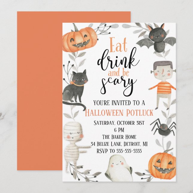 Halloween-inbjudan till Potluck Party-grupp Inbjudningar (Fram/baksida)