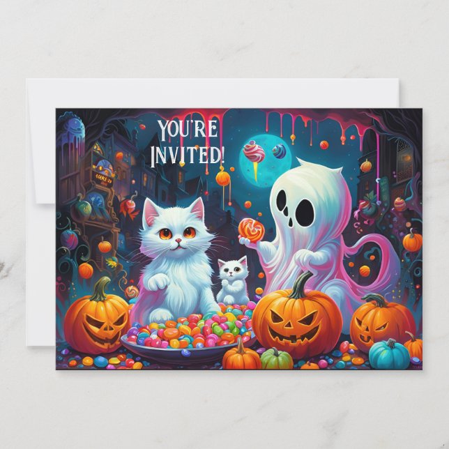 Halloween-inbjudan till spöken och kattungar meddelande (Framsida)