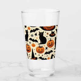 Halloween-inspirerat mönster med svart katt och pu glaskopp
