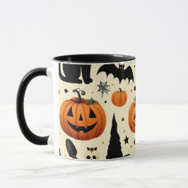 Halloween-inspirerat mönster med svart katt och pu mugg