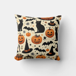 Halloween-inspirerat svart katt- och pumpamuster kudde
