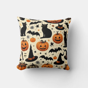 Halloween-inspirerat svart katt- och pumpamuster kudde