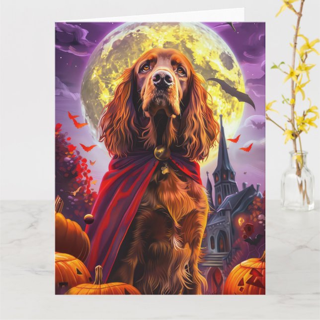 Halloween Irish Red Setter Vampire Pumpkins Scary Kort (Gul blomma)