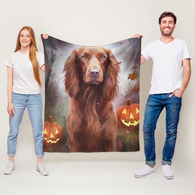 Halloween Irish Red Setter with Pumpkins Scary Fleecefilt (På plats)