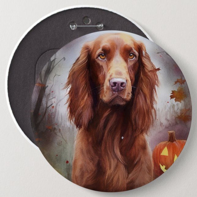 Halloween Irish Red Setter with Pumpkins Scary Knapp (Framsida & baksida)
