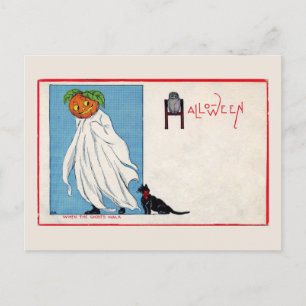 Halloween Jack o lantern Ghost Black Cat Vintage Vykort