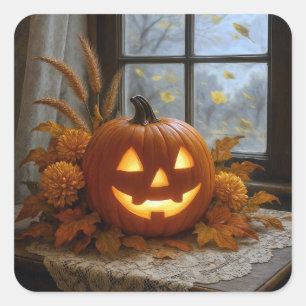 Halloween Jack-o-Lantern i höstblommor Fyrkantigt Klistermärke