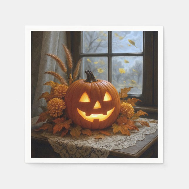 Halloween Jack-o-Lantern i höstens blommor Pappersservett (Framsidan)