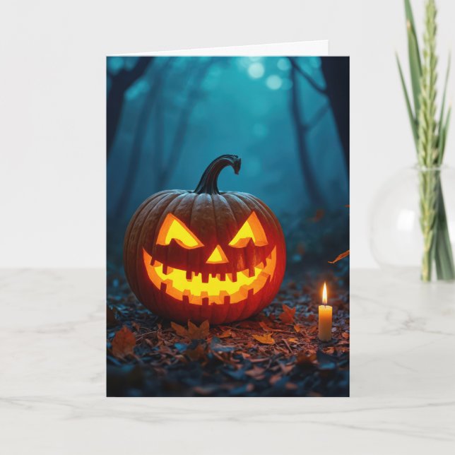 Halloween Jack-o-lantern i spöklika skogen Helgkort (Framsida)