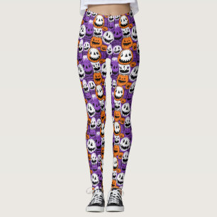 Halloween Jack-O'-Lantern - Lila, Orange, Vit Leggings