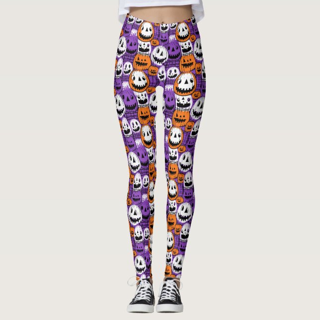 Halloween Jack-O'-Lantern - Lila, Orange, Vit Leggings (Framsida)