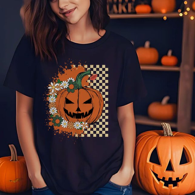 Halloween Jack-o-Lantern med Checkers och blommor T Shirt (Skapare uppladdad)