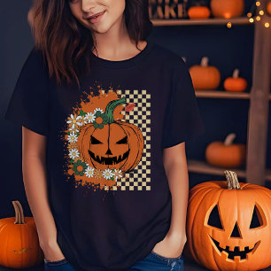 Halloween Jack-o-Lantern med rutor och blommor T Shirt