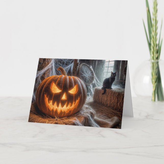 Halloween Jack-o-Lantern och Black Barn Cat Helgkort (Framsida)