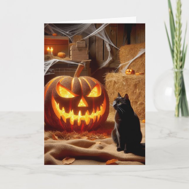 Halloween Jack-o-Lantern och katt i Barn Helgkort (Framsida)