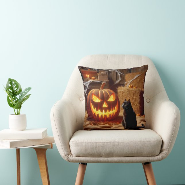 Halloween Jack-o-Lantern och katt i Barn Kudde (Stol)