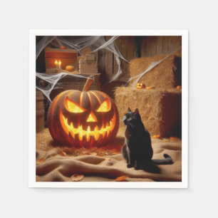 Halloween Jack-o-Lantern och katt i lada Pappersservett