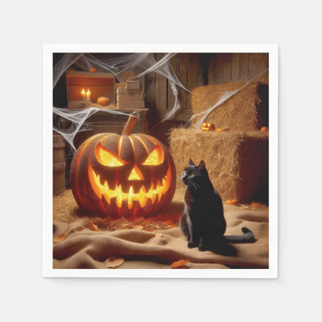 Halloween Jack-o-Lantern och katt i lada Pappersservett (Framsidan)
