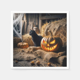 Halloween Jack-o-Lantern och katt i lada Pappersservett
