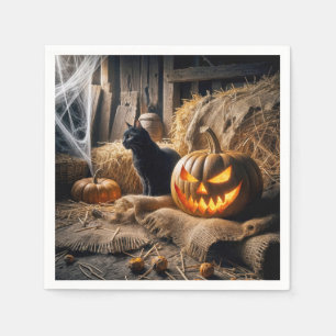 Halloween Jack-o-Lantern och katt i lada Pappersservett
