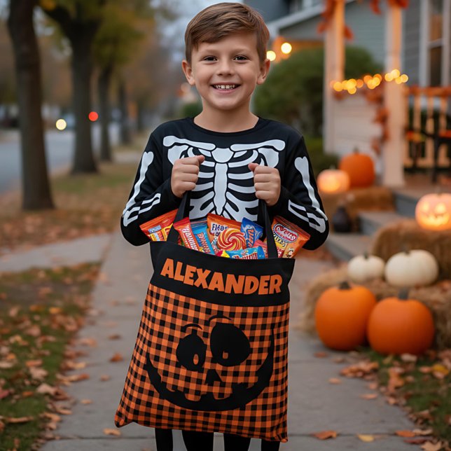 Halloween Jack-O-Lantern Orange & Black Plaid Name Tygkasse (Skapare uppladdad)