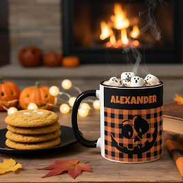 Halloween Jack-O-Lantern Orange & Svart Rutig Namn Mugg