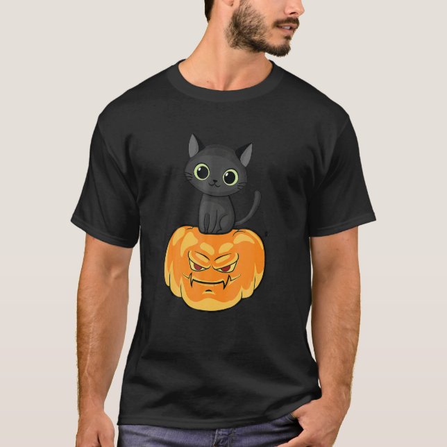 Halloween Jack O Lantern Pumpa Katt Fullmåne T Shirt (Framsida)
