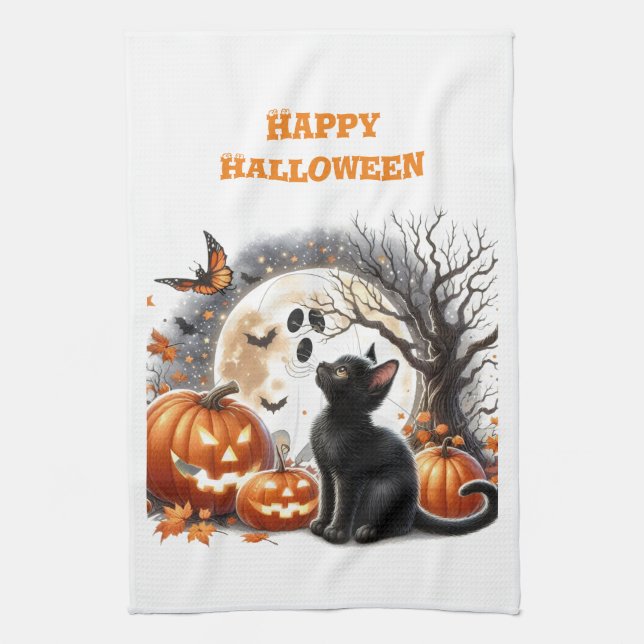 Halloween Jack O Lantern Pumpa Katt Vit Kökshandduk (Vertikal)
