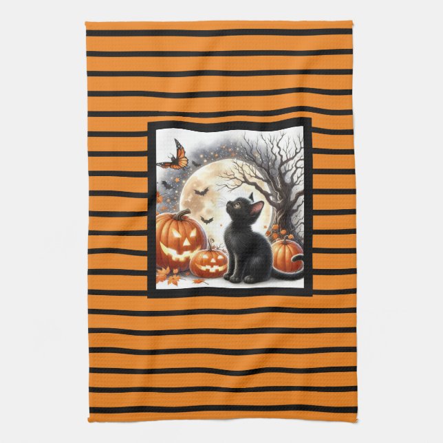 Halloween Jack O Lantern Pumpa och Katt  Kökshandduk (Vertikal)