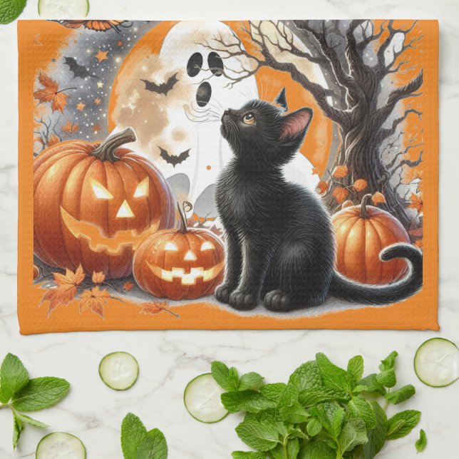 Halloween Jack O Lantern Pumpa och Katt  Kökshandduk (Vikta)