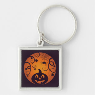Halloween Jack o lantern pumpkin ansikte och spind Fyrkantig Silverfärgad Nyckelring