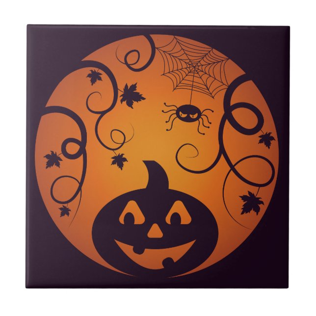 Halloween Jack o lantern pumpkin ansikte och spind Kakelplatta (Framsidan)