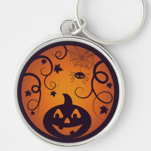 Halloween Jack o lantern pumpkin ansikte och spind Rund Silverfärgad Nyckelring