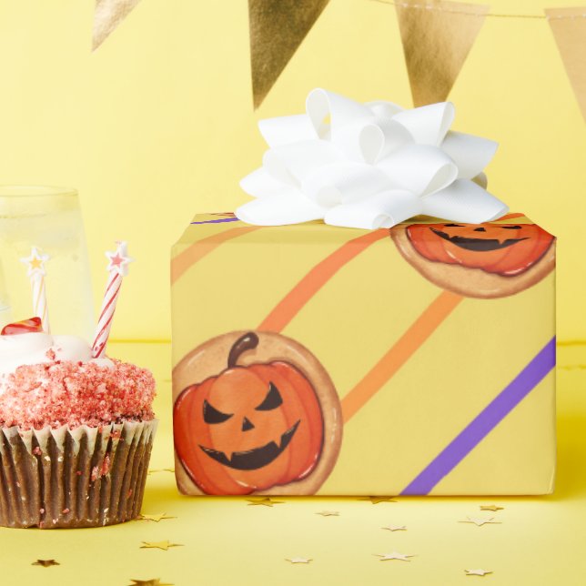 Halloween Jack-O-Lantern Pumpkin Cookie på Gult Presentpapper (Födelsedagsfest)