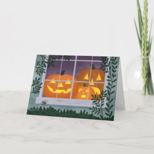 Halloween Jack-o'-lyktor i fönstret Kort