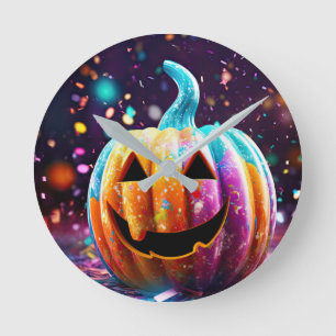Halloween Jack O'Lantern Neon Pop Art Rund Klocka