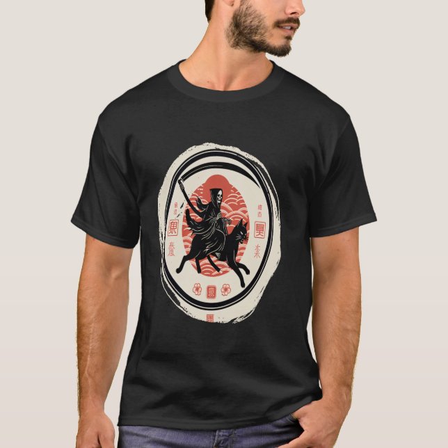 Halloween Japansk Dödsrides Black Cat T Shirt (Framsida)